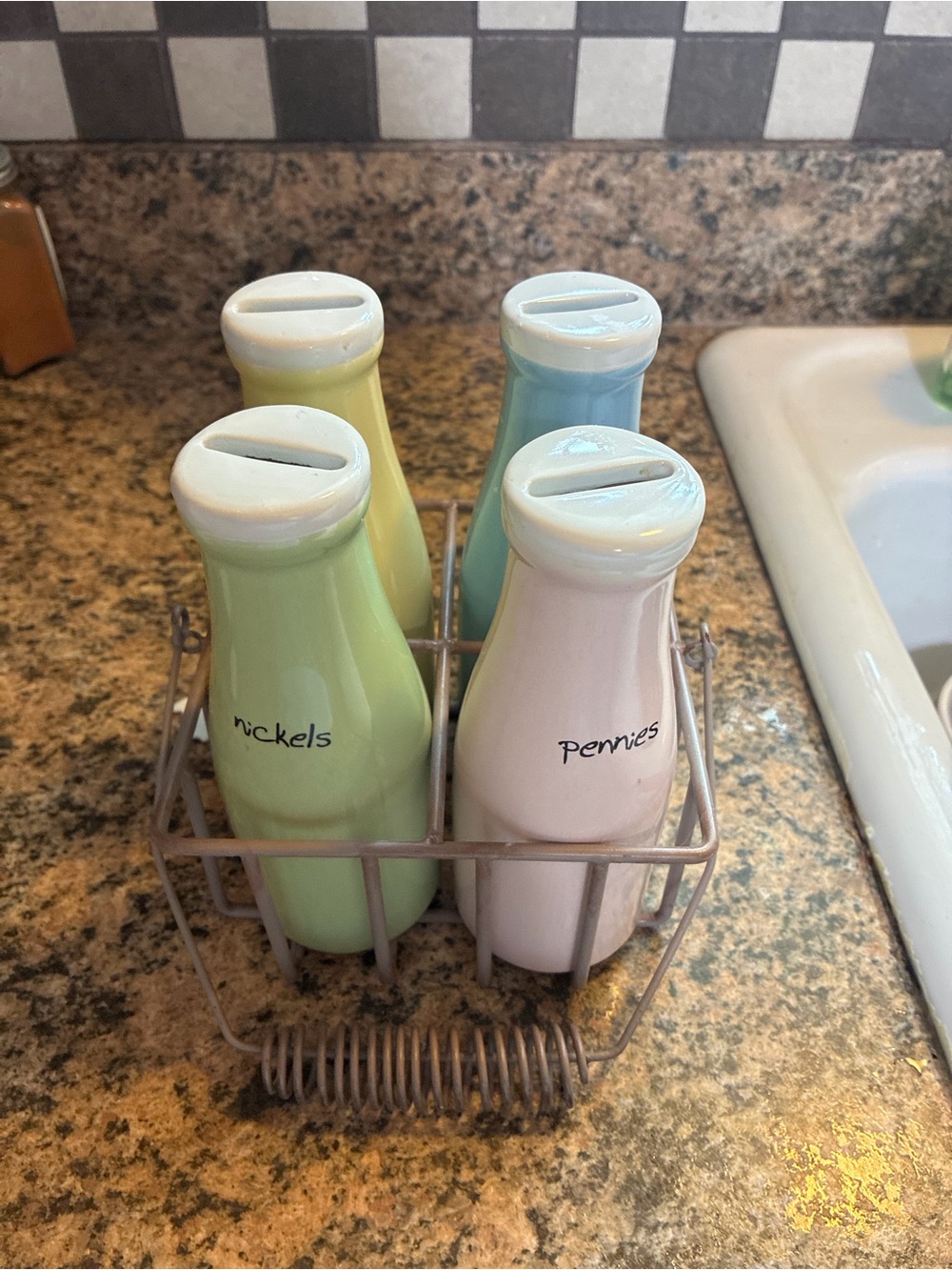 Vtg. Ceramic Pastel Coin Bottle Set with Storage Caddy Green, Yellow, Blue, Pink